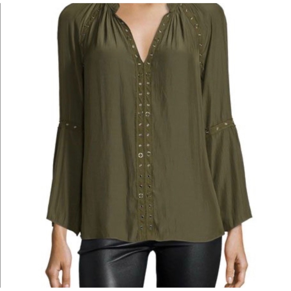 Ramy Brook Silk Blend Boho Whimsigoth Olive Green Old Money Preppy Top Blouse XS